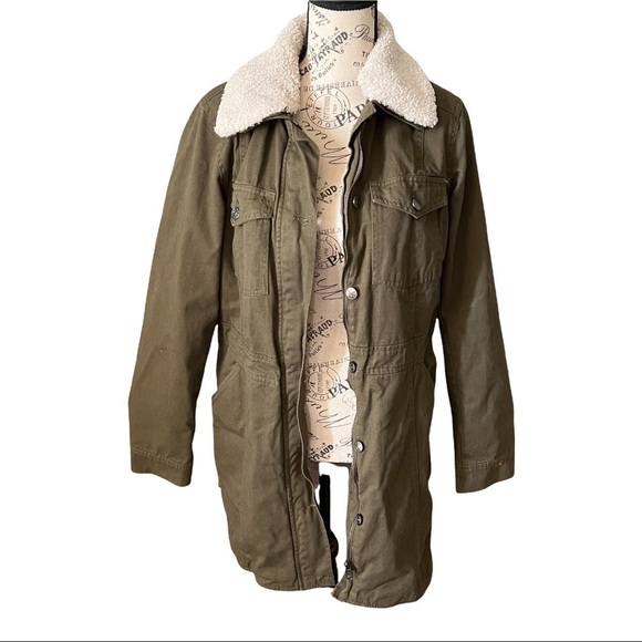 Steve Madden Walker Jacket Olive Green Sherpa Lined Zip Snap Button Cargo Jacket - Picture 3 of 7